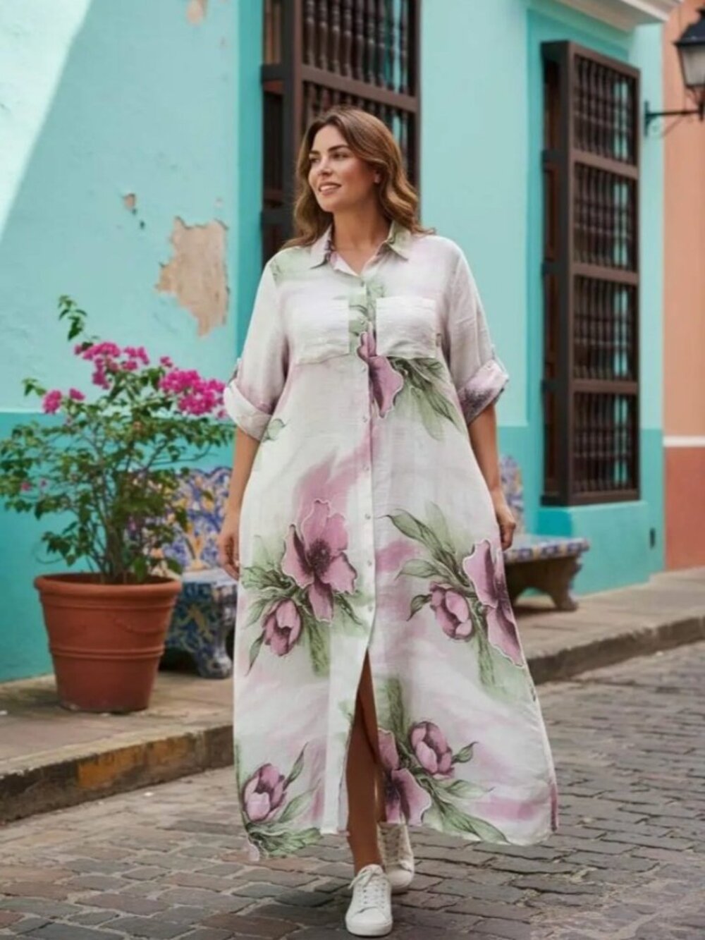 Made in Italy Petals & Linen Dress One Size Plus - White- Fits Medium to 2X New